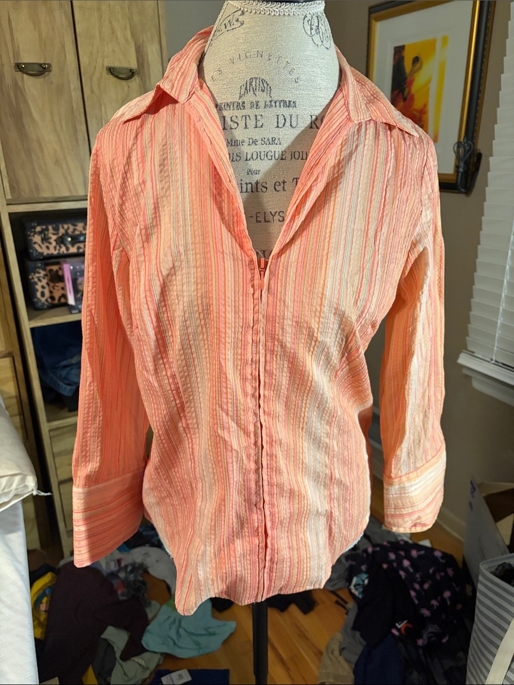 Coldwater Creek Peach-Striped Button Front Shirt - Medium